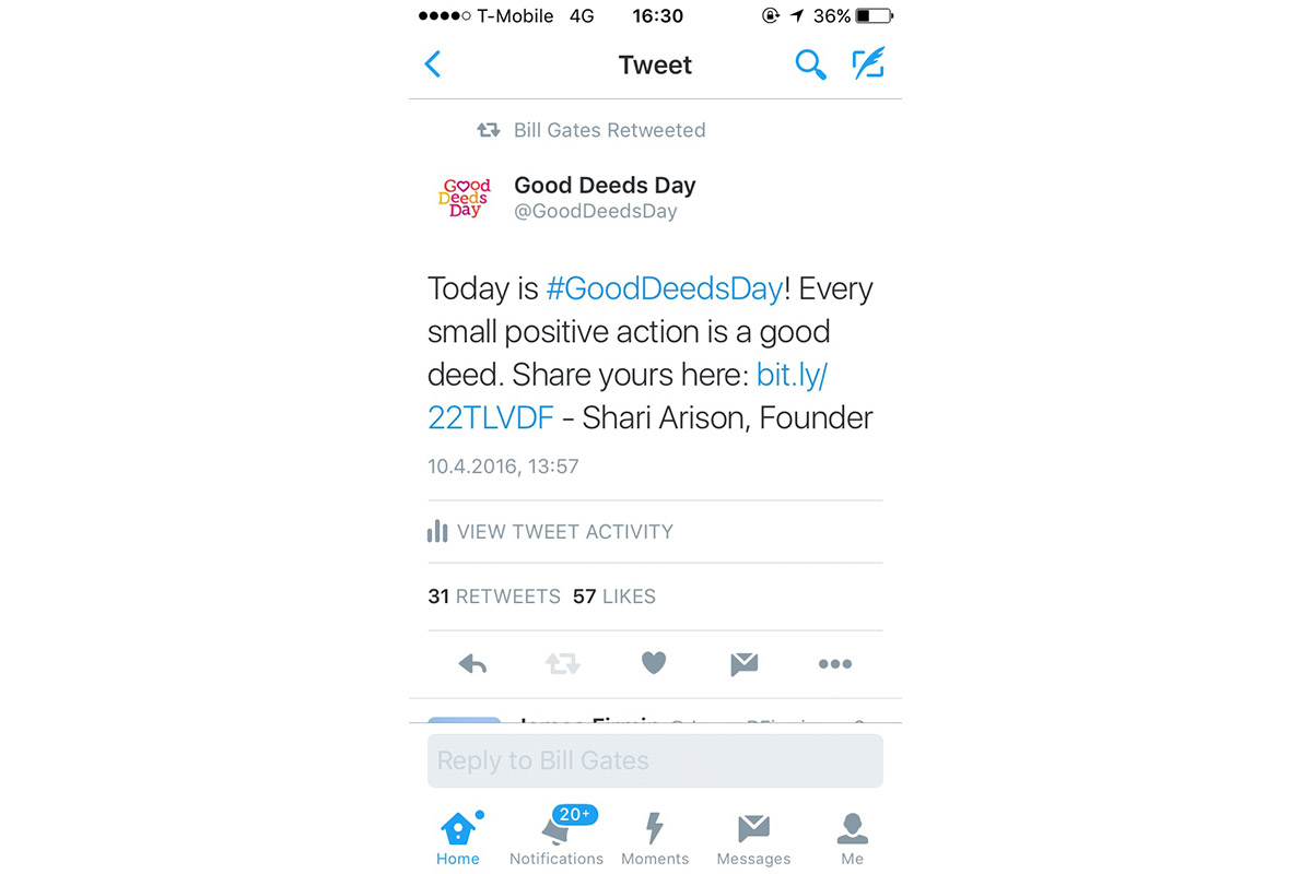 Bill Gates retweets Shari Arison’s Good Deeds Day message.